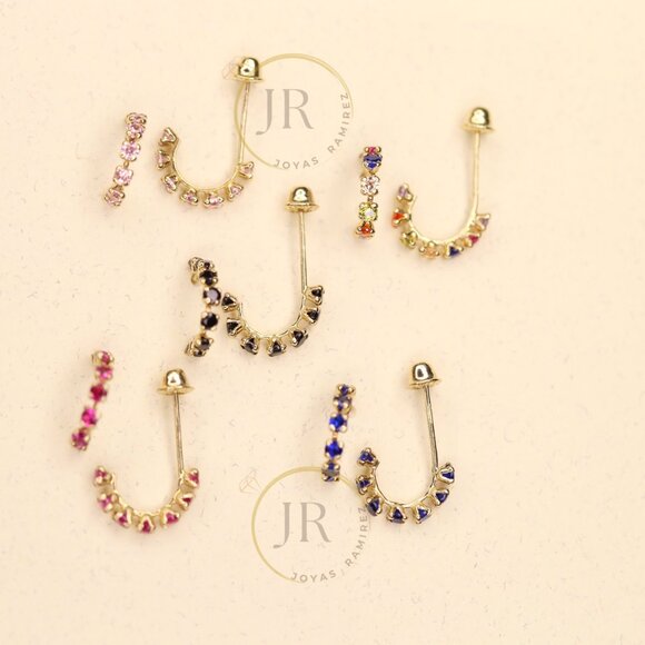 14K Solid Yellow Gold Huggies Hoops ·CZ in Pink, Multicolor, Red, Black and Blue - Picture 3 of 15